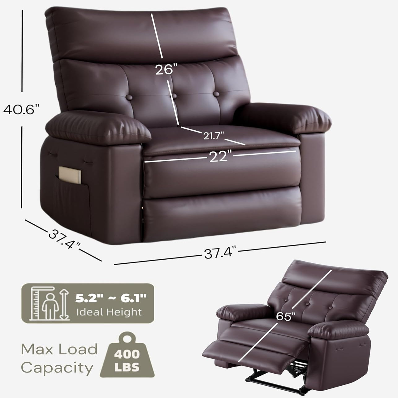 Garvee Oversized Recliner Chair - PU Leather Large Manual Recliner for Adults, Ultimate Comfort Lazy Boy with 1.5X Sponge Filling and Easy Recline Mechanism for Relaxation, Coffee