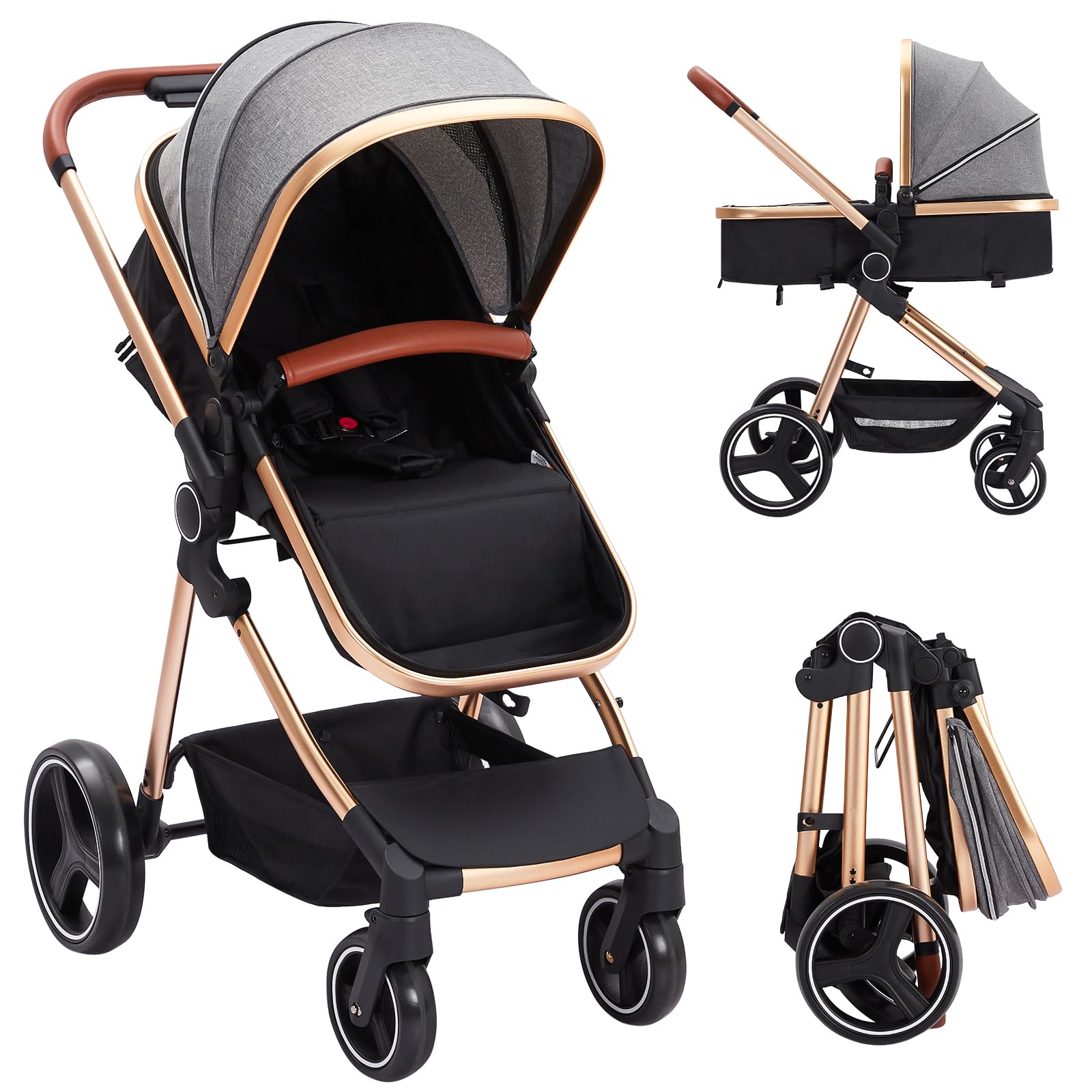 Baby Stroller for Toddler.Foldable Aluminum Alloy Pushchair with Adjustable Backrest.Bassinet Stroller Adjustable Direction & High Landscape Infant Stroller Gray