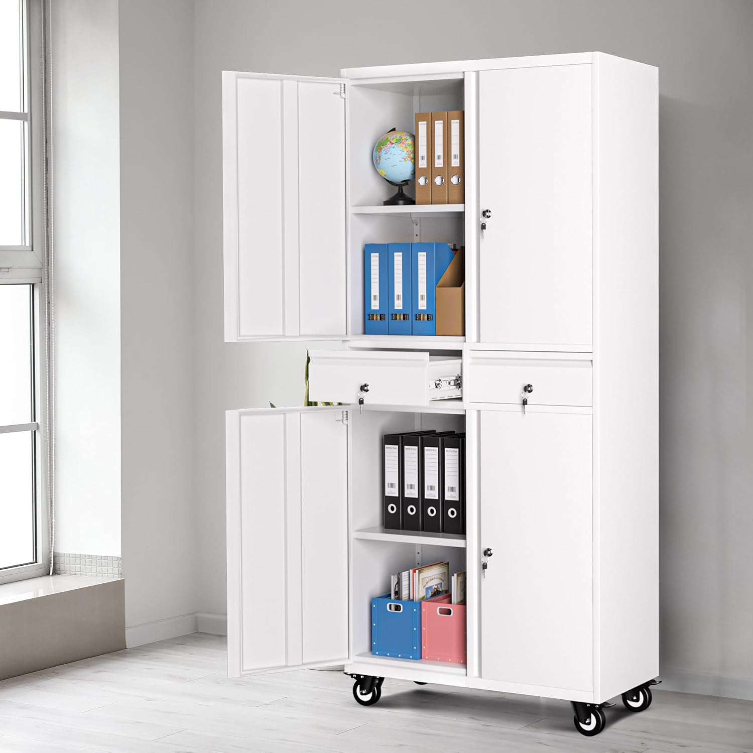 Garvee Heavy Duty 73" Metal File Cabinet with Lockable Wheels, Locking Doors, 2 Drawers, and Adjustable Shelves, Durable Mobile Storage Locker for Office Garage & Workshop, White
