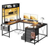 Garvee U Shaped Desk with Monitor Stand and LED Lights, U Shaped Gaming Desk with Storage Shelves, Large Computer Desk with Power Outlets, Large Corner Office Desk with 4 Drawers,Black - Black