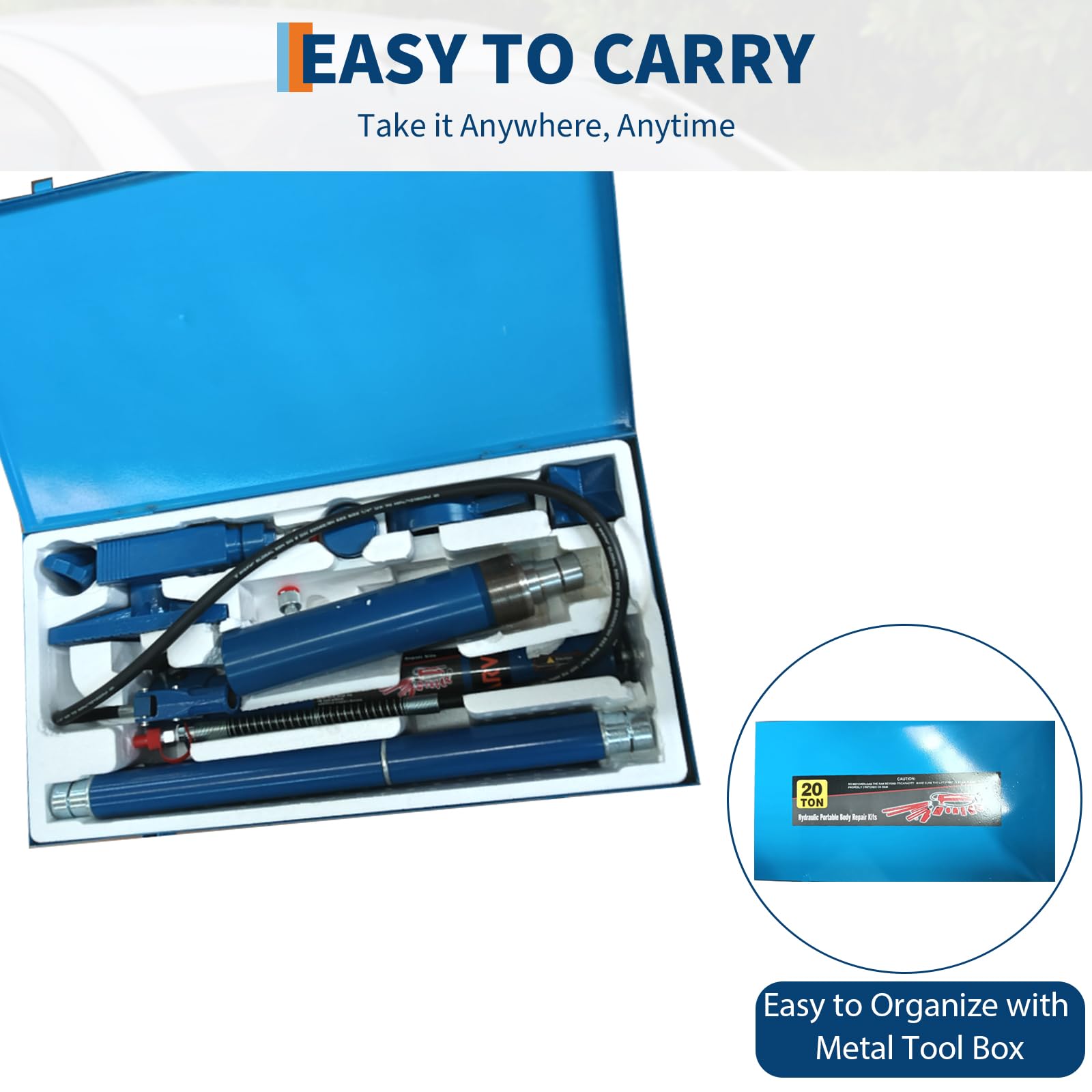 Blue 20 ton porta power components organized inside a metal storage case