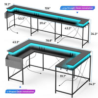 126" U-Shaped Gaming Desk with LED Lights & Monitor Stand