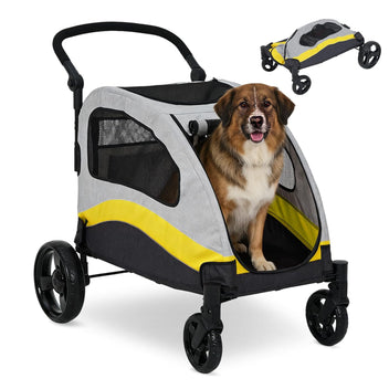 Garvee Foldable Dog Stroller, Large Dog Carrier with 360° Wheels, Adjustable Handle & Storage Pocket, Portable Puppy Travel Strollers, Pet Wagon for Large Dogs, 135 Lbs Capacity, Yellow