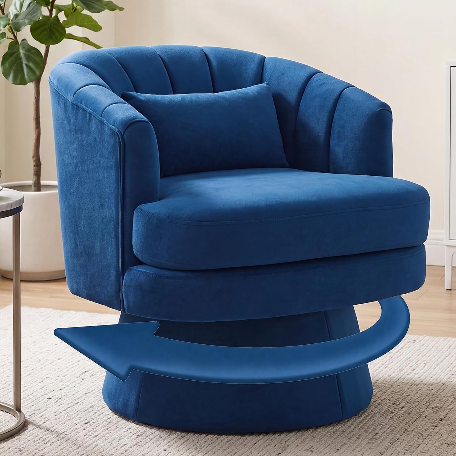 Garvee 360° Swivel Barrel Accent Chair with Lumbar Pillow, Soft Upholstered Single Armchair, Round Base for Living Room/Bedroom/Vanity - With lumbar pillow | velvet | blue