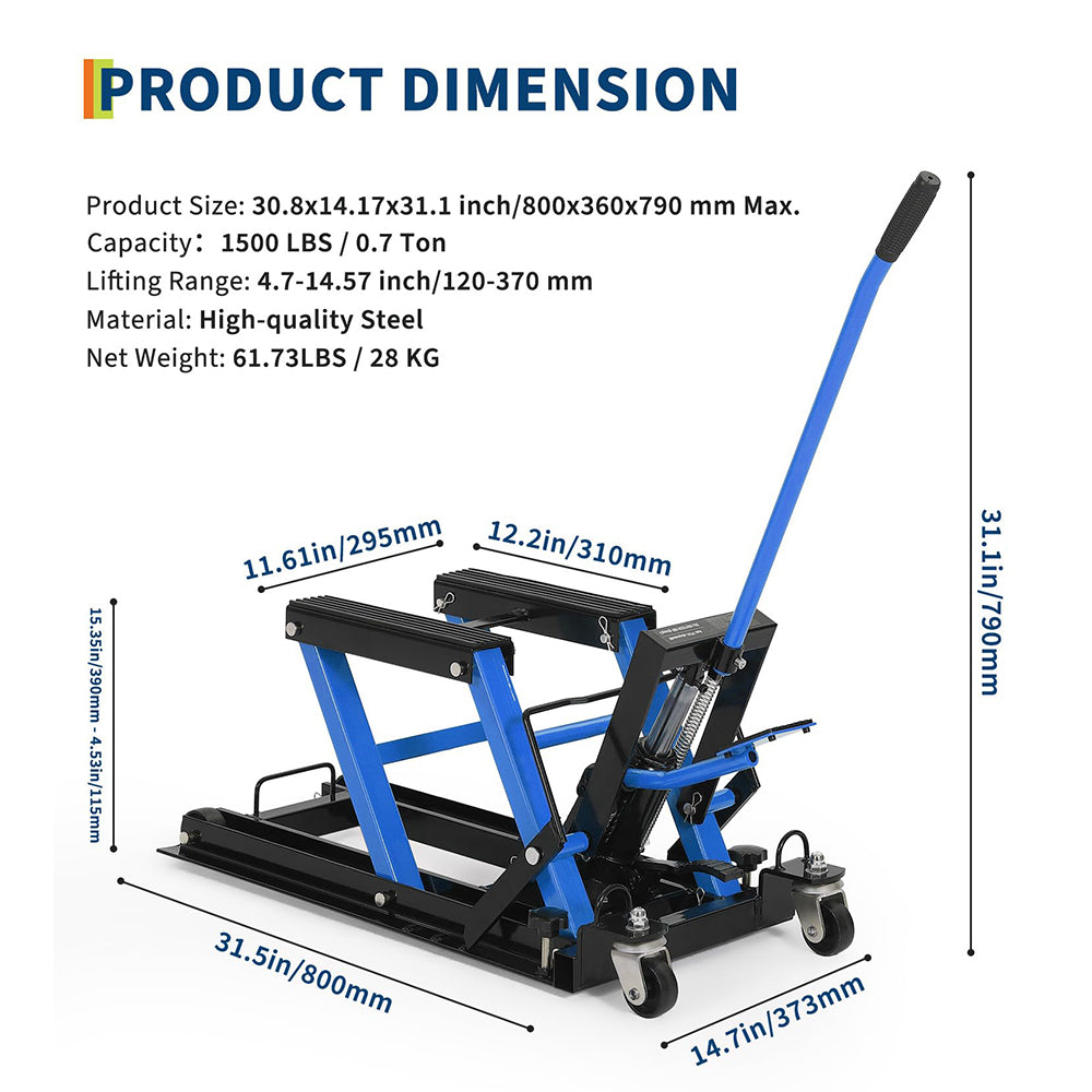 Garvee Hydraulic Motorcycle Lift Jack - 1500 lbs Capacity ATV Scissor Jack with 4.7"-14.57" Height Adjustment, Non-Slip Platform for Motorcycles, ATVs, and UTVs, Black Blue