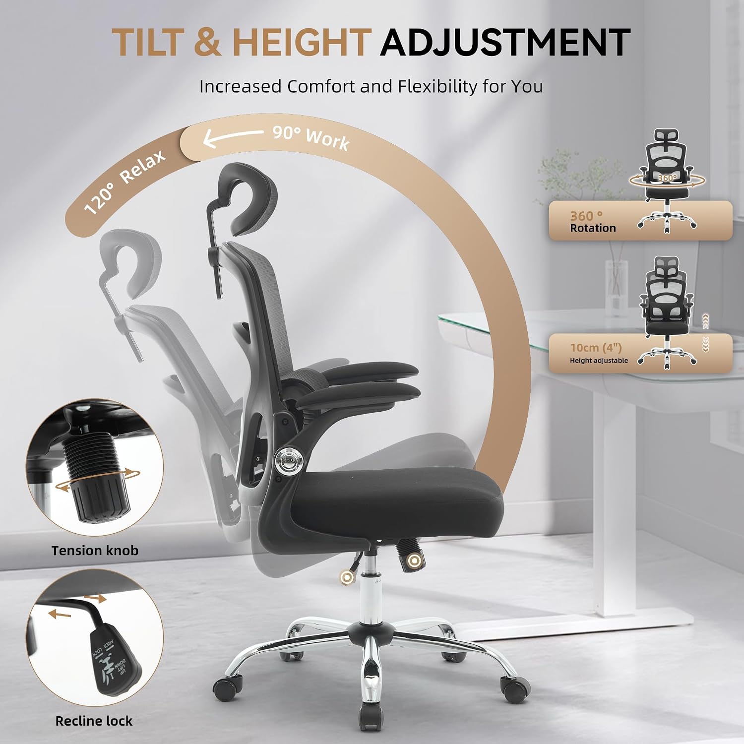 Garvee Ergonomic High-Back Mesh Office Chair – Adjustable Headrest & Lumbar Support – Turnover-Up Arms, Swivel Rolling Desk Chair – Heavy Duty Metal Base – Black Frame & Transparent Mesh Back – Electroplated Foot