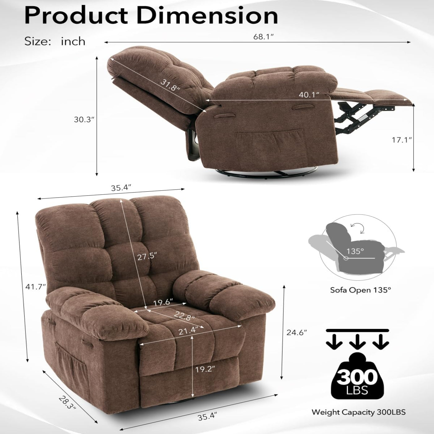 Garvee Rocking Recliner Chair, 360° Swivel Rocker Chair for Living Room, Upholstered Fabric Nursery Chair with Side Pockets for Small Spaces, q235 Steel Frame Lazy Boy Recliner Single Sofa, Brown