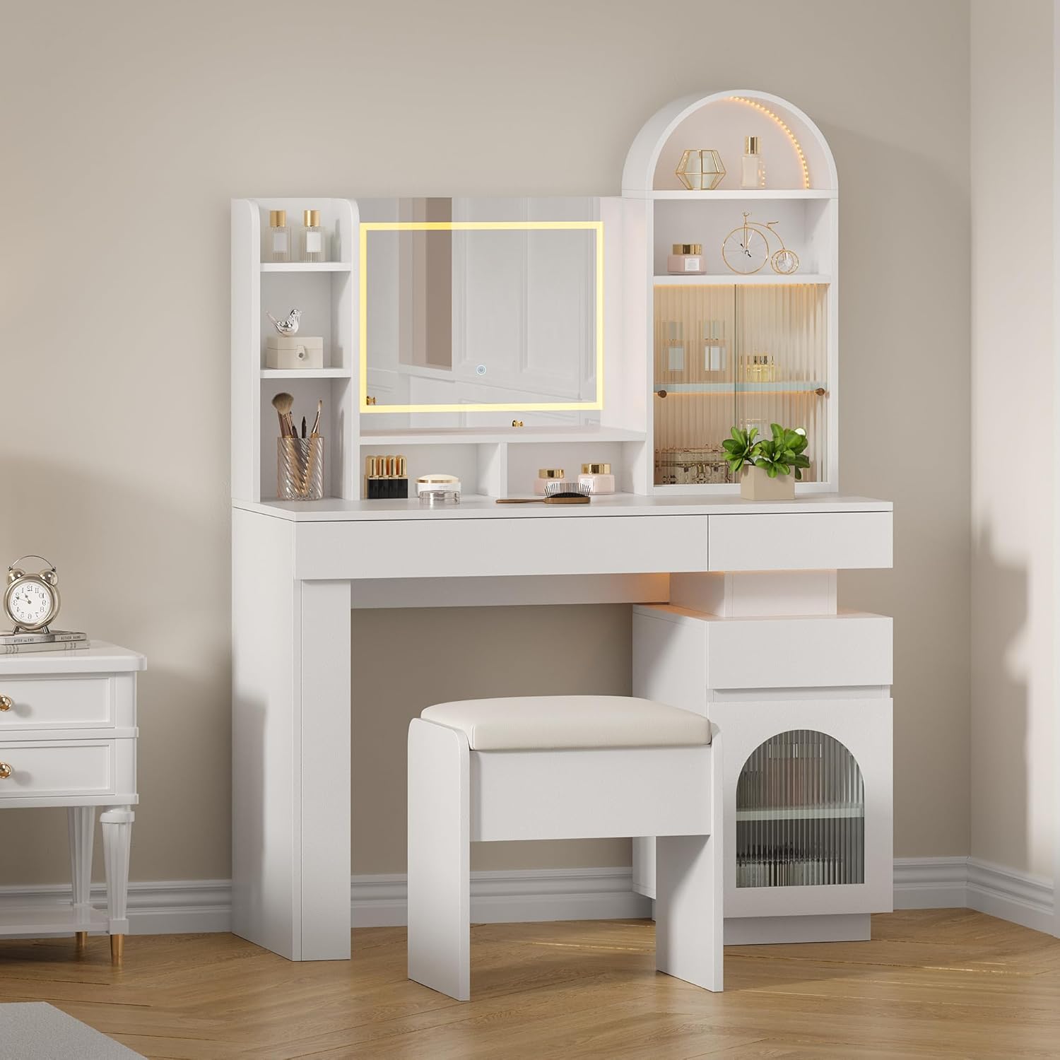 Garvee Arched Vanity Desk with Mirror and Lights, White Makeup Vanity Table with 3 Drawers and 11 Storage Shelves, Large Dressing Table with Outlet, Light Strip & Vanity Stool for Bedroom
