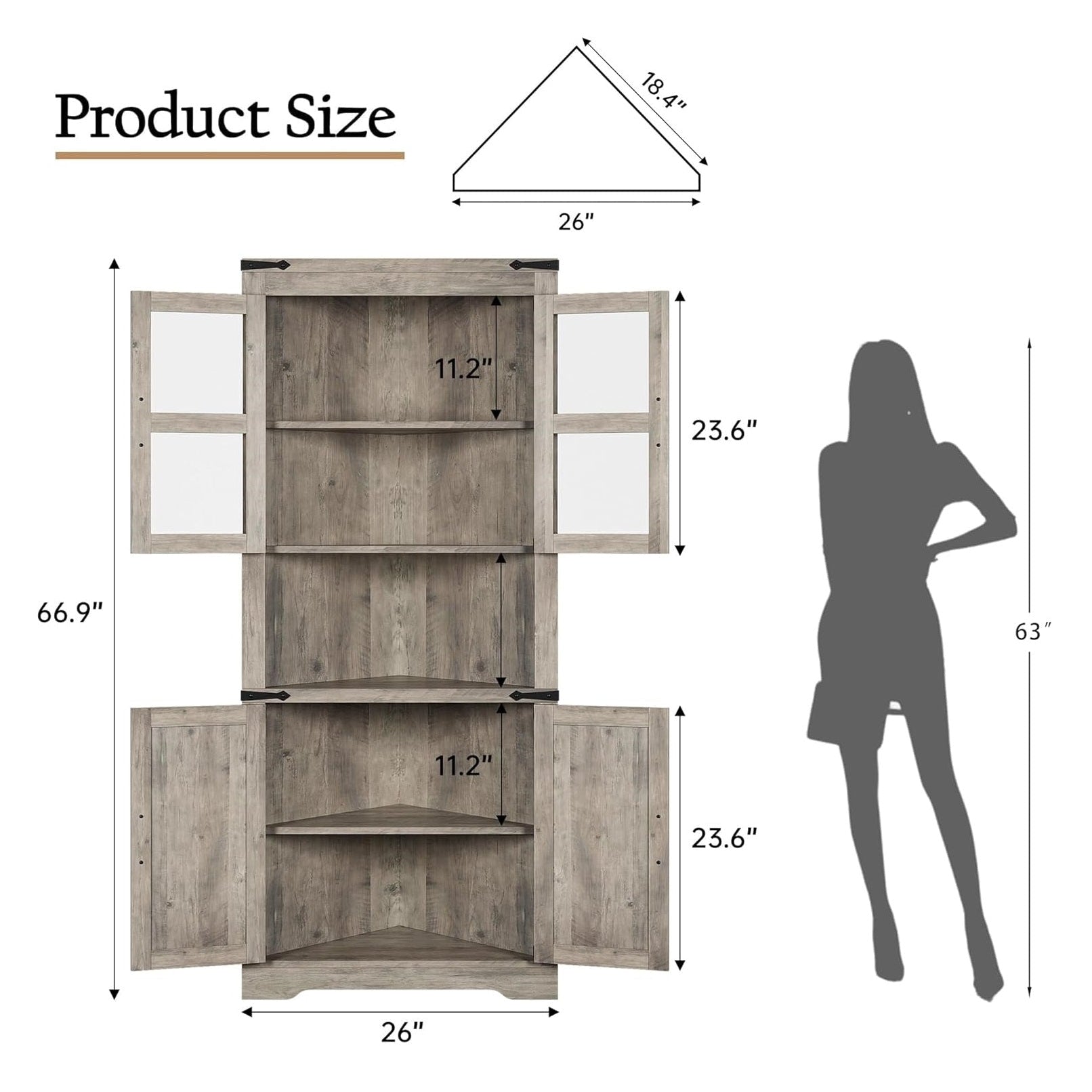 Garvee Farmhouse Corner Cabinet, Tall Corner Storage Cabinet with Barn Door & Adjustable Shelves, Bathroom Cabinet with Storage for Living Room, Kitchen, Bathroom, Gray