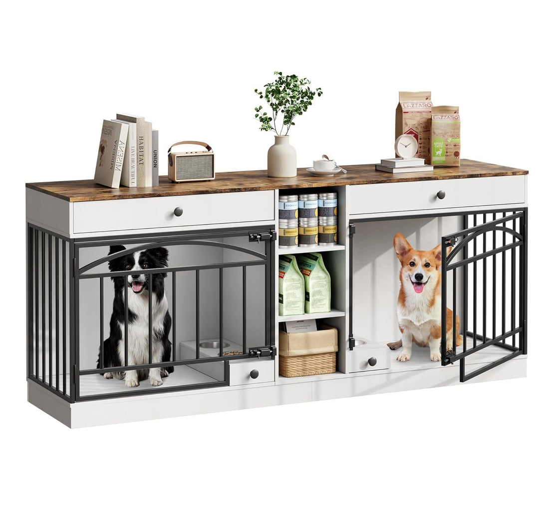 Garvee Dog Crate Furniture for 2 Dogs, 78.7" Large Dog Kennel Indoor with 2 Storage Drawers, 3 Shelves and Feeding Bowls, Double Dog Crate TV Stand for Small and Medium Dogs, White&Brown Top
