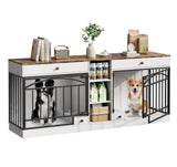 Garvee Dog Crate Furniture for 2 Dogs, 78.7" Large Dog Kennel Indoor with 2 Storage Drawers, 3 Shelves and Feeding Bowls, Double Dog Crate TV Stand for Small and Medium Dogs, White&Brown Top - White&Brown Top