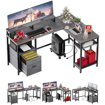 Garvee L Shaped Computer Desk 67" Reversible Gaming Desk with Power Outlet, File Drawer, 2 Monitor Stands, Adjustable Storage Shelf, Rustic Gray, Home Office