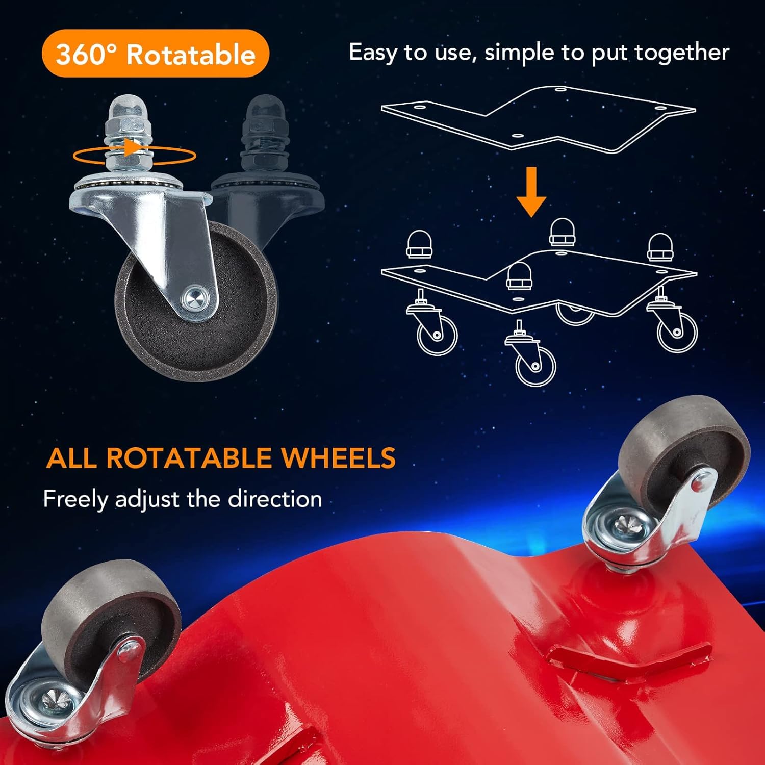 Close view of a red wheel dolly with swivel caster rotation and assembly diagram