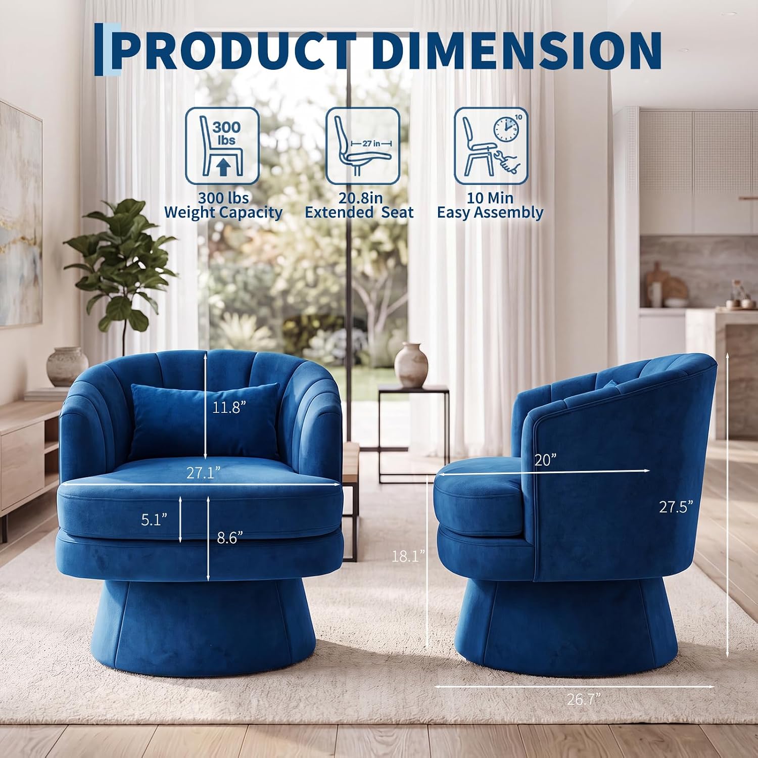 Garvee 360° Swivel Barrel Accent Chair with Lumbar Pillow, Soft Upholstered Single Armchair, Round Base for Living Room/Bedroom/Vanity - With lumbar pillow | velvet | blue
