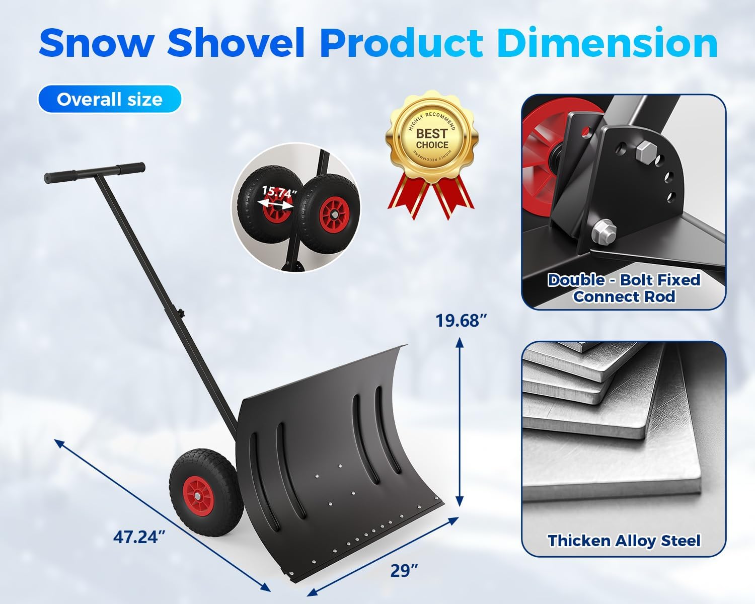 Garvee Snow Shovel Pusher with 29" Metal Blade & Adjustable Handle, Heavy-Duty Steel Frame, Dual 10" Wheels, Replaceable Strip, for Driveways & Sidewalks