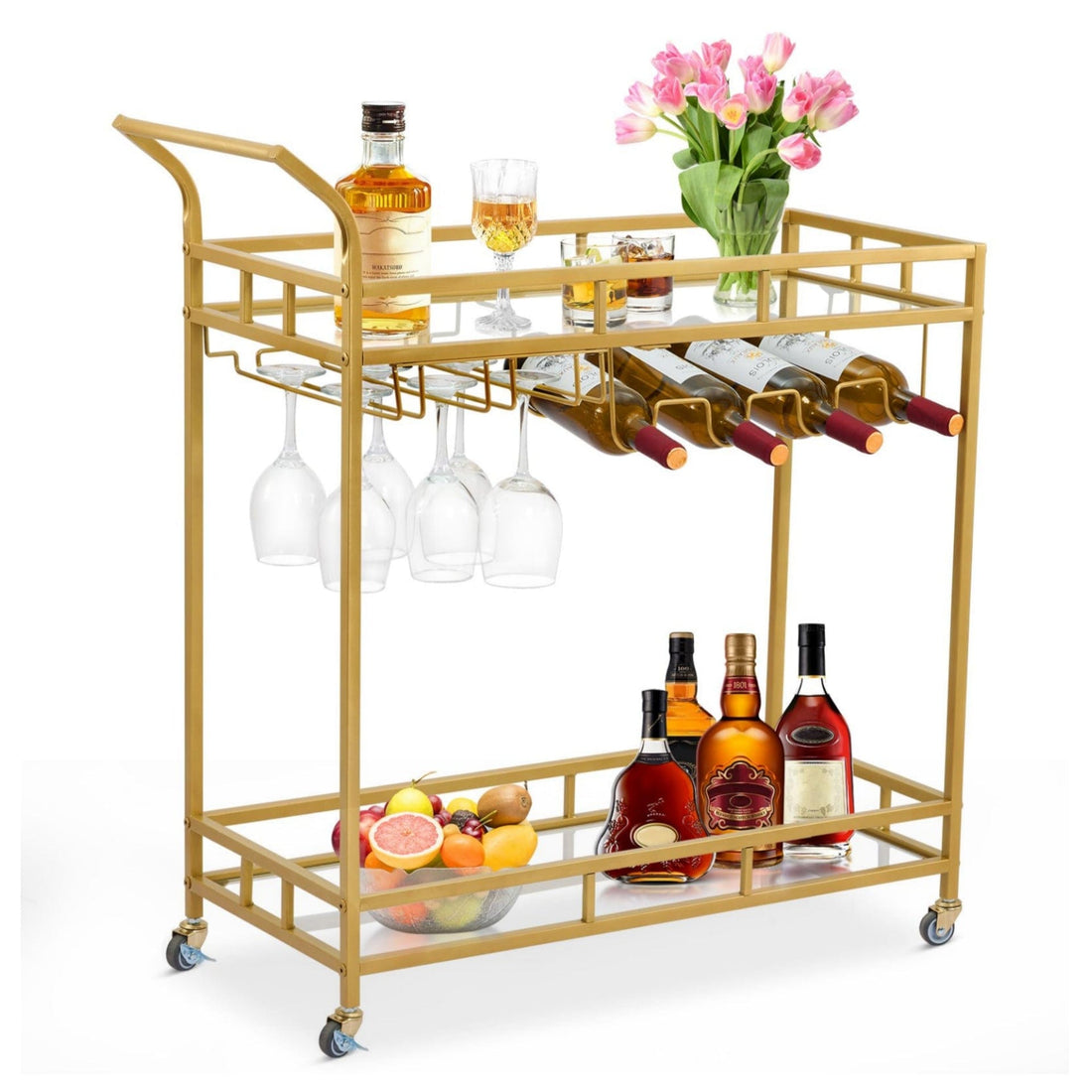 Large Bar Cart Home Bar Serving Cart Wine Cart with 2 Mirrored Shelves Wine Holders Gold