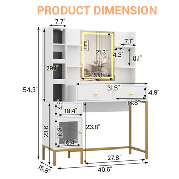 Garvee Vanity Desk with Light & Mirror, Vanity Table with Charging Station & Cabinet