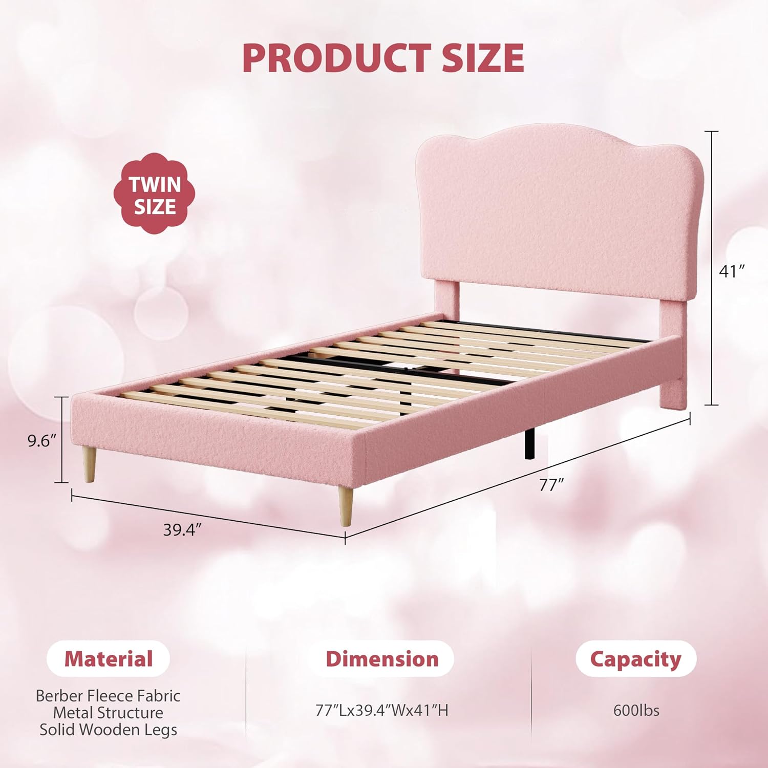Garvee Twin Size Upholstered Bed Frame with Adjustable Crown Headboard, Velvet Princess Platform Bed, Heavy Duty, Solid Wood Slat Support, No Box Spring Needed, Easy Assembly, Pink