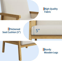 Garvee Mid Century Modern Accent Chair, Linen-Look Fabric Living Room Chair with Sturdy Wood Legs, Thickened Seat Cushion and PE Rattan Woven Decoration, Armchair for Bedroom, Reading Room, Ivory