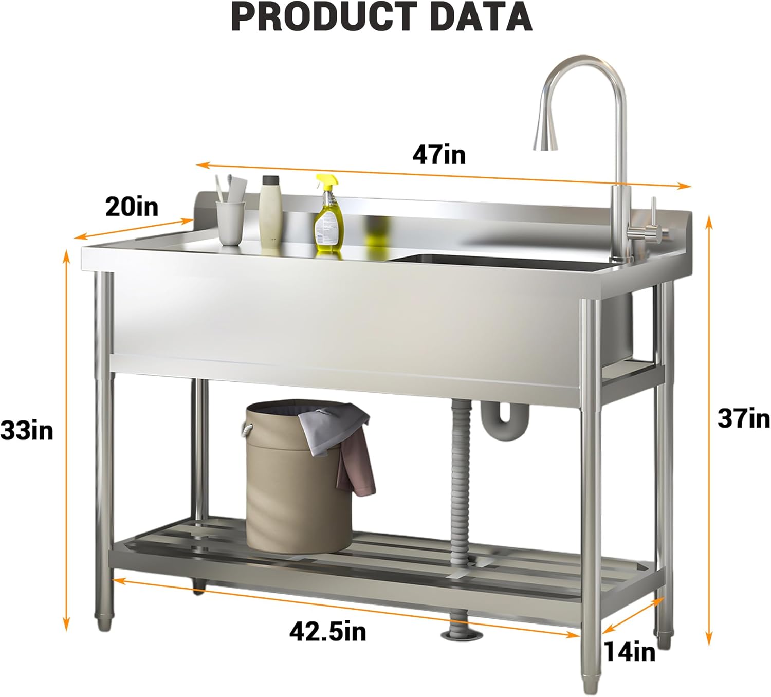 Garvee 47"W x 20"D x 37"H Stainless Steel Utility Sink - Free Standing Single Bowl with Cold & Hot Water Faucet for Kitchen, Laundry Room, Restaurant, Garage, Garden