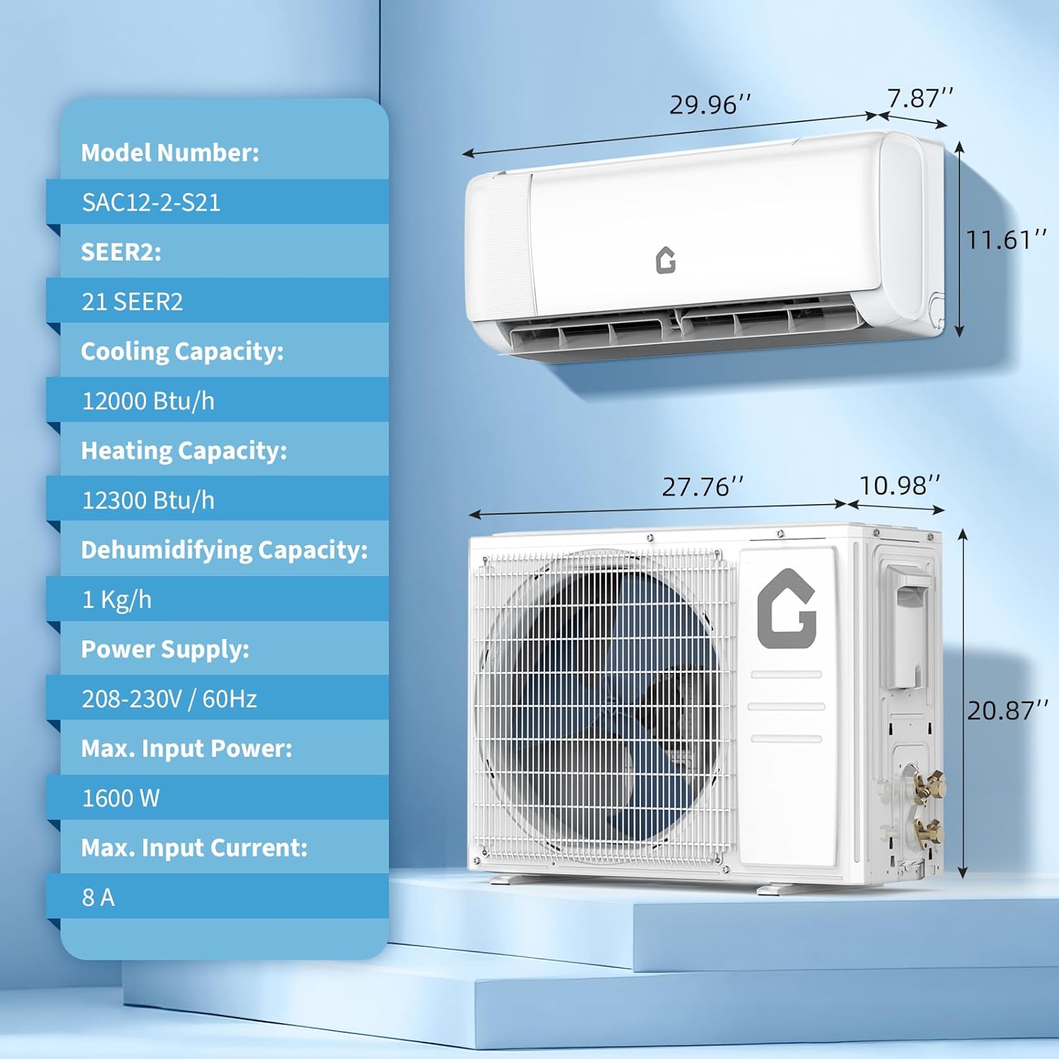 Garvee SEER 21 12000 BTU 230V Mini Split Air Conditioner | Energy-Efficient Inverter AC System with WiFi, Remote Control & Easy Installation Kit for Rooms Up to 750 Sq.Ft