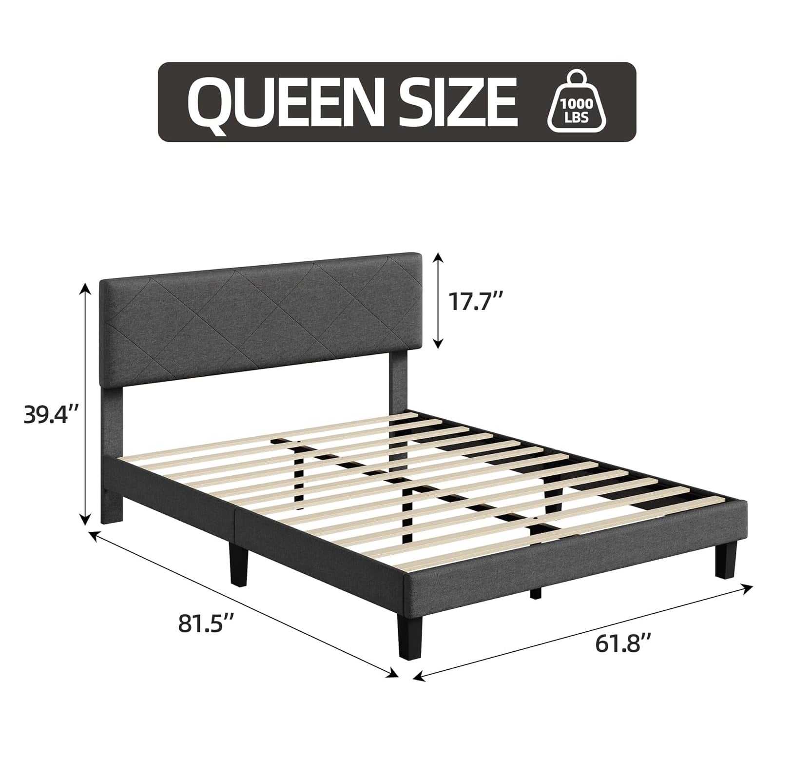 Garvee Queen Size Bed Frame with Upholstered Headboard, Queen Size Platform Bed Frame with Wooden Slat Support, Easy Assembly Platform Bed, No Box Spring Needed & Noise Free, Gray