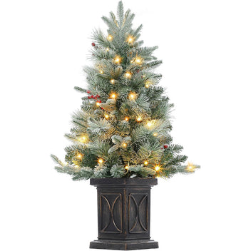 Garvee 3ft Christmas Tree, Pre-Lit Christmas Tree Tabletop with 78 Warm White Lights, Artificial Christmas Tree with Berry Clusters, Battery Operated, Flocked Potted Christmas Tree for Front Door, Porch
