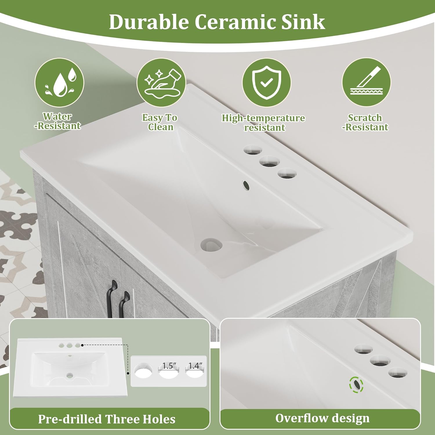Garvee Modern 30" Freestanding Bathroom Vanity with with 2 Doors and Storage Drawer for Bathroom, Grey