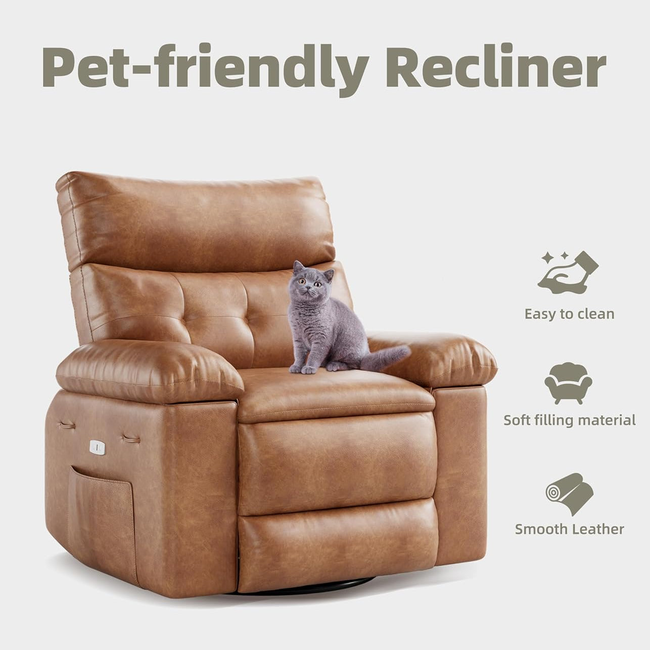 Garvee Extra Wide Comfort Recliner Chair for Adults - Oversized Manual PU Leather Sofa - Overstuffed Arms & Back, Cup Holder, Retractable Armrests, Side Pocket - Living Room, Bedroom, Nursery - Brown