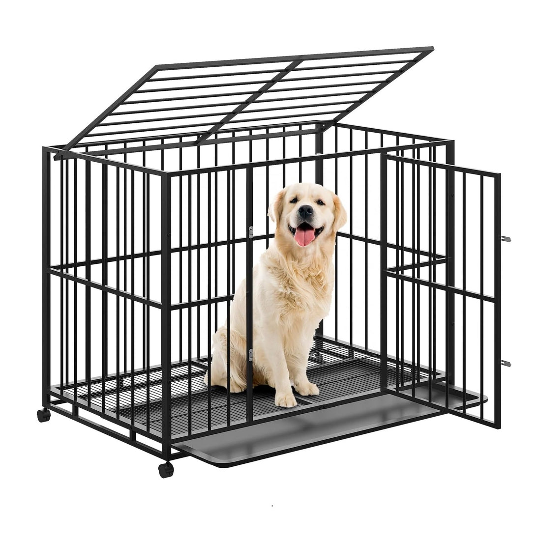 Garvee 42 Inch Dog Crate for Medium Sized Dogs, Heavy Duty Stainless Steel Dog Kennel Escape-Proof with Wheels and Removable Tray, Indestructible Dog Cage Stackable for High Anxiety Dogs