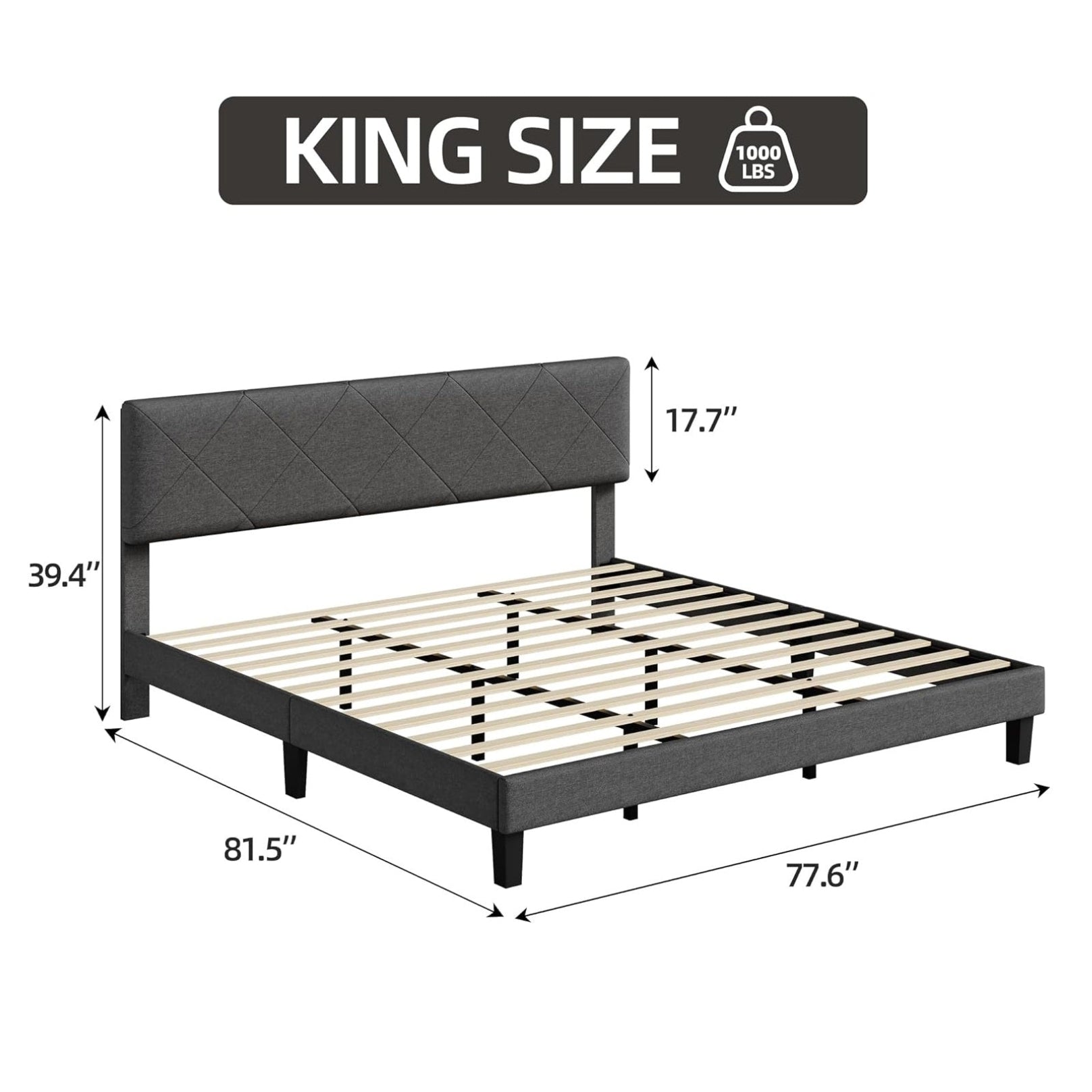 Garvee King Size Bed Frame with Upholstered Headboard, King Size Platform Bed Frame with Wooden Slat Support, Easy Assembly Platform Bed, No Box Spring Needed & Noise Free, Gray