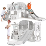 Garvee 8-in-1 Toddler Slide Playground - Climber, Basketball Hoop, Telescope Indoor/Outdoor Playset for Kids - Gray