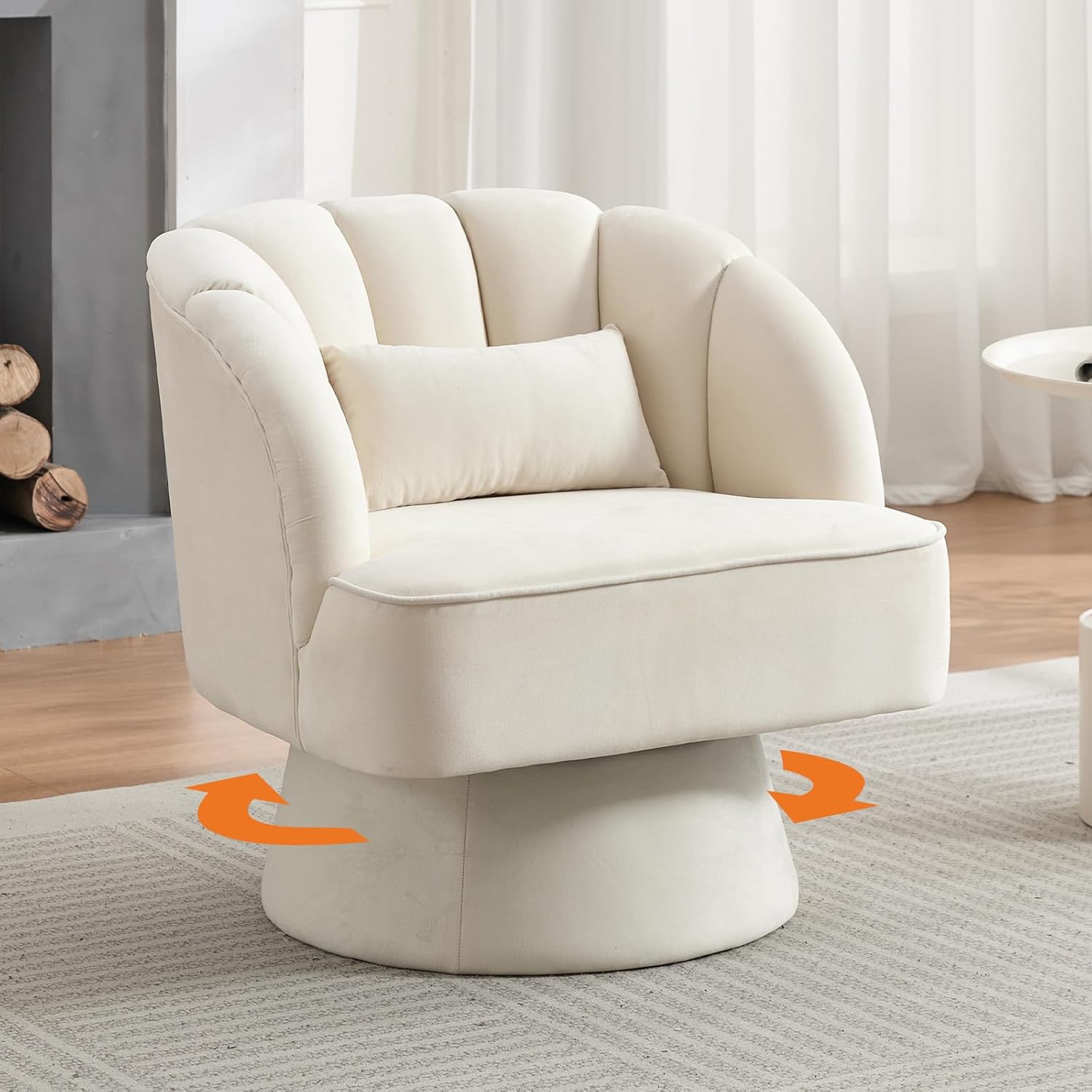 Garvee Swivel Barrel Chair - Velvet Upholstered Modern Armchair with Striped Backrest & Plush Padding, Round Lounge Chair for Living Room, Bedroom, Small Spaces, Beige