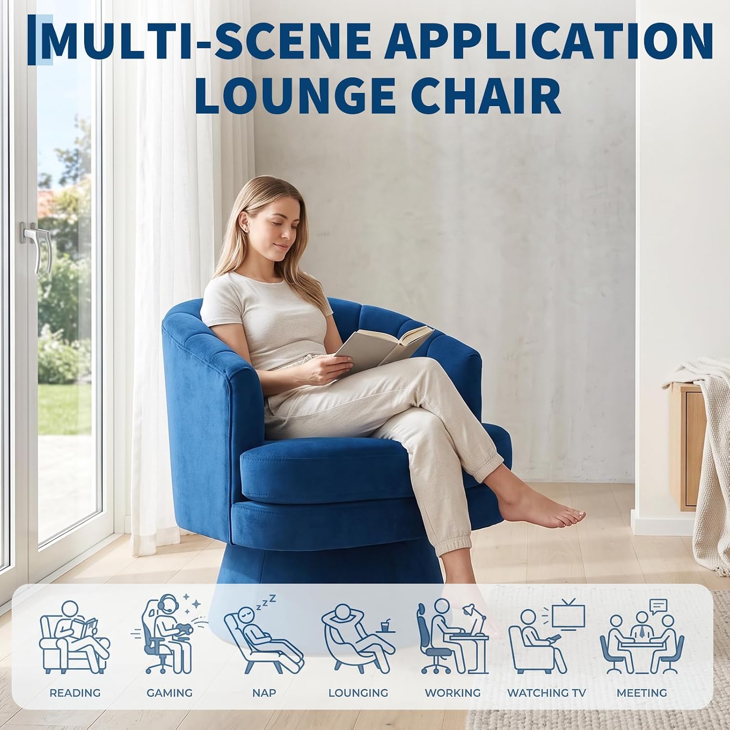 Garvee 360° Swivel Barrel Accent Chair with Lumbar Pillow, Soft Upholstered Single Armchair, Round Base for Living Room/Bedroom/Vanity - With lumbar pillow | velvet | blue