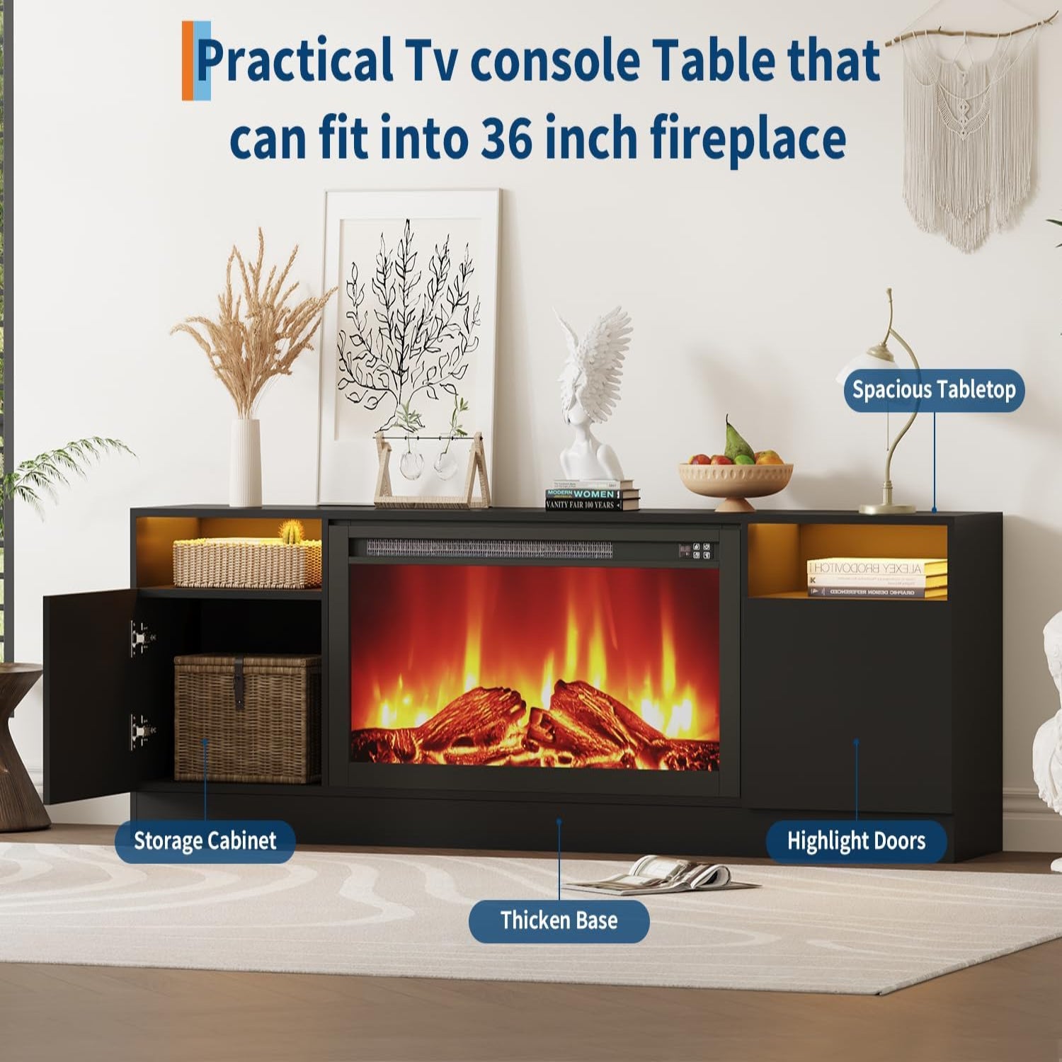 Garvee Modern Entertainment Center with Storage Cabinet Up to 75"TV, Modern TV Stand for Living Room, Black (Not Include Fireplace)