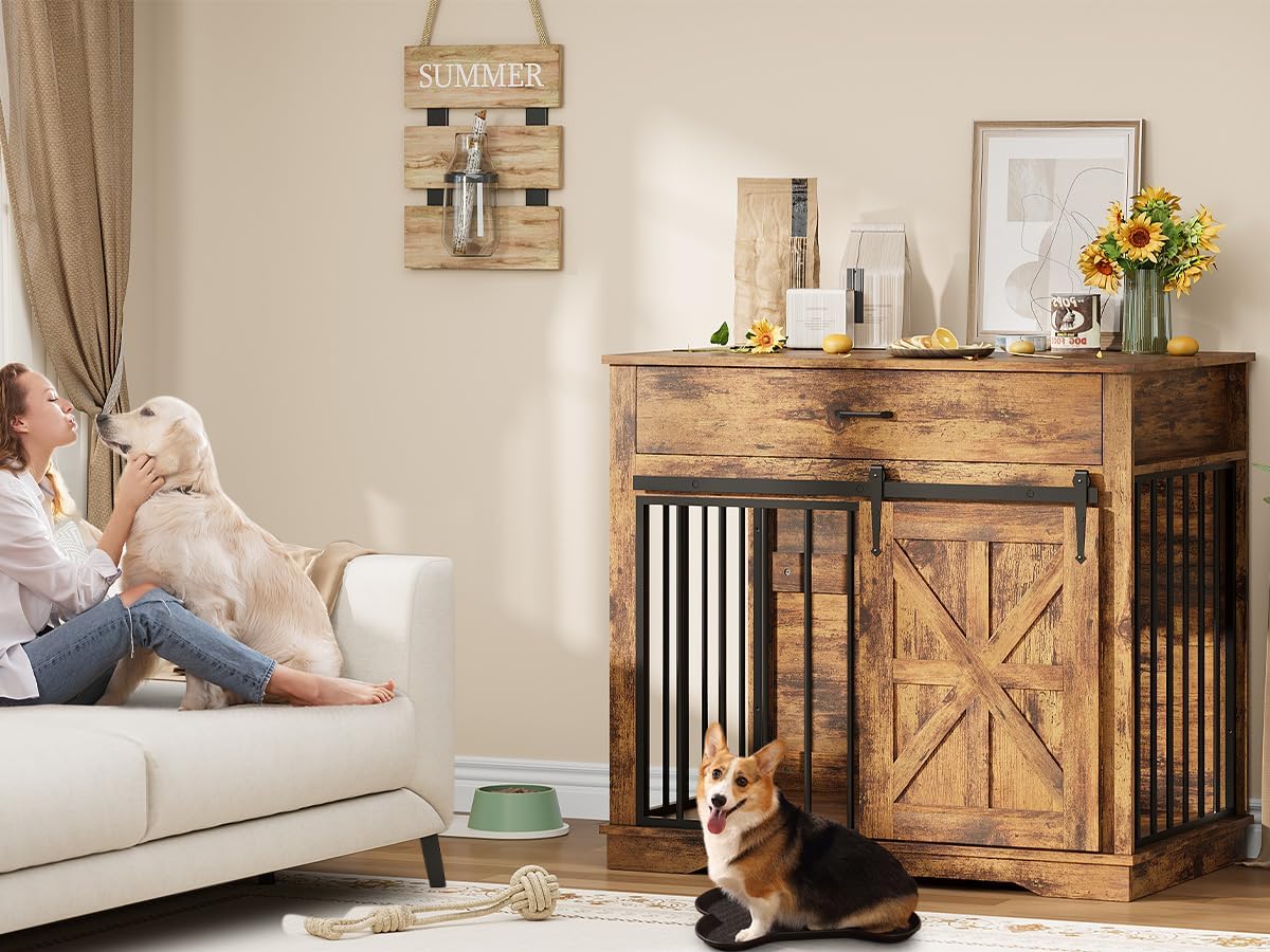 Garvee 37.8"W Dog Crate Furniture for Small/Medium Dogs, 2-in-1 Iron-Wood Fusion Dog Cage Indoor As Side End Table, Farmhouse Dogs Kennel with Sliding Barn Doors & Storage Drawer, Brown