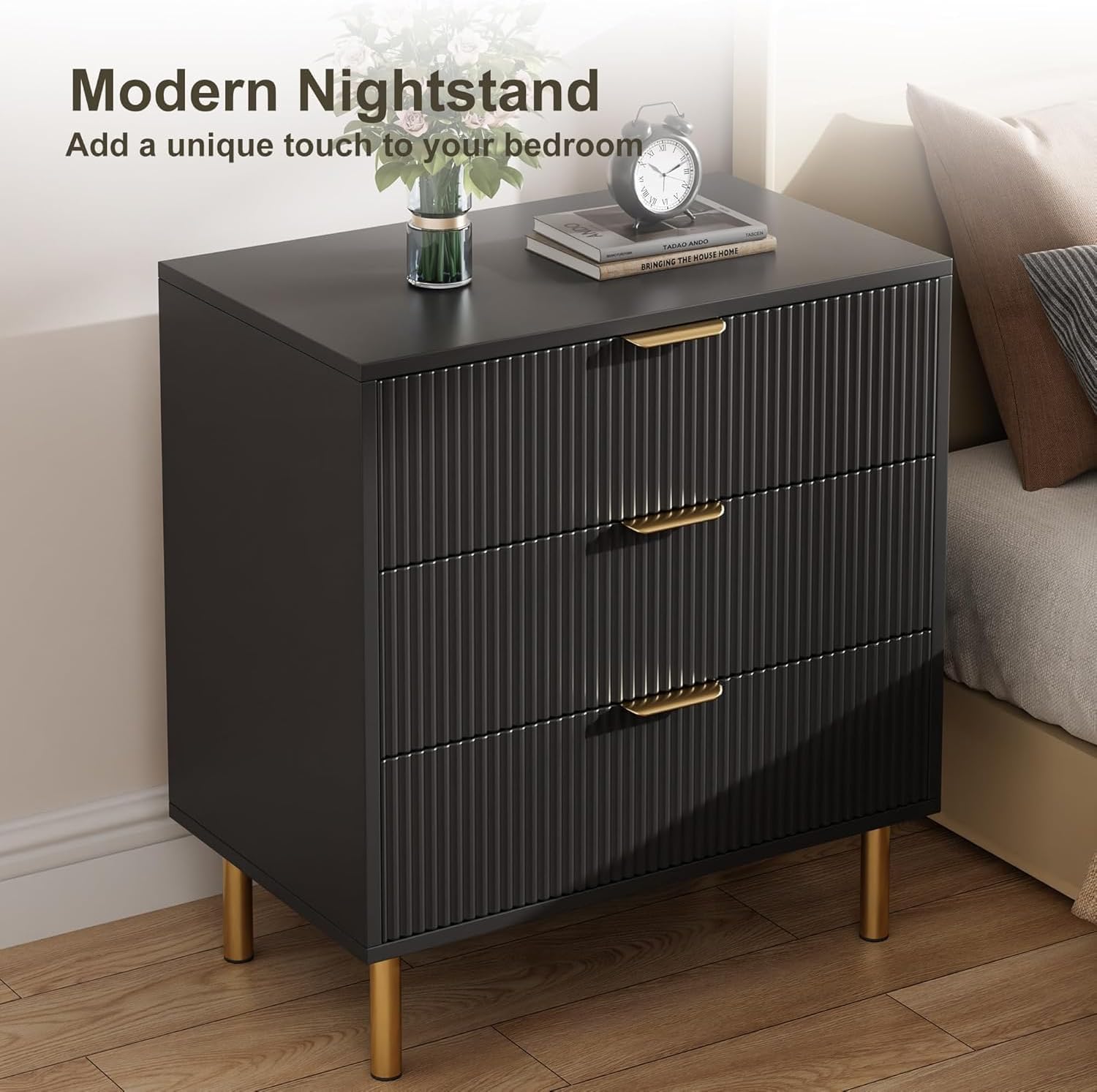 Garvee 3 Drawer Dresser for Bedroom, Modern Wooden Storage Chest with Gold Metal Handles, Anti-Tipping Design, Large Nightstand Organizer for Entryway, Hallway, Living Room, Black