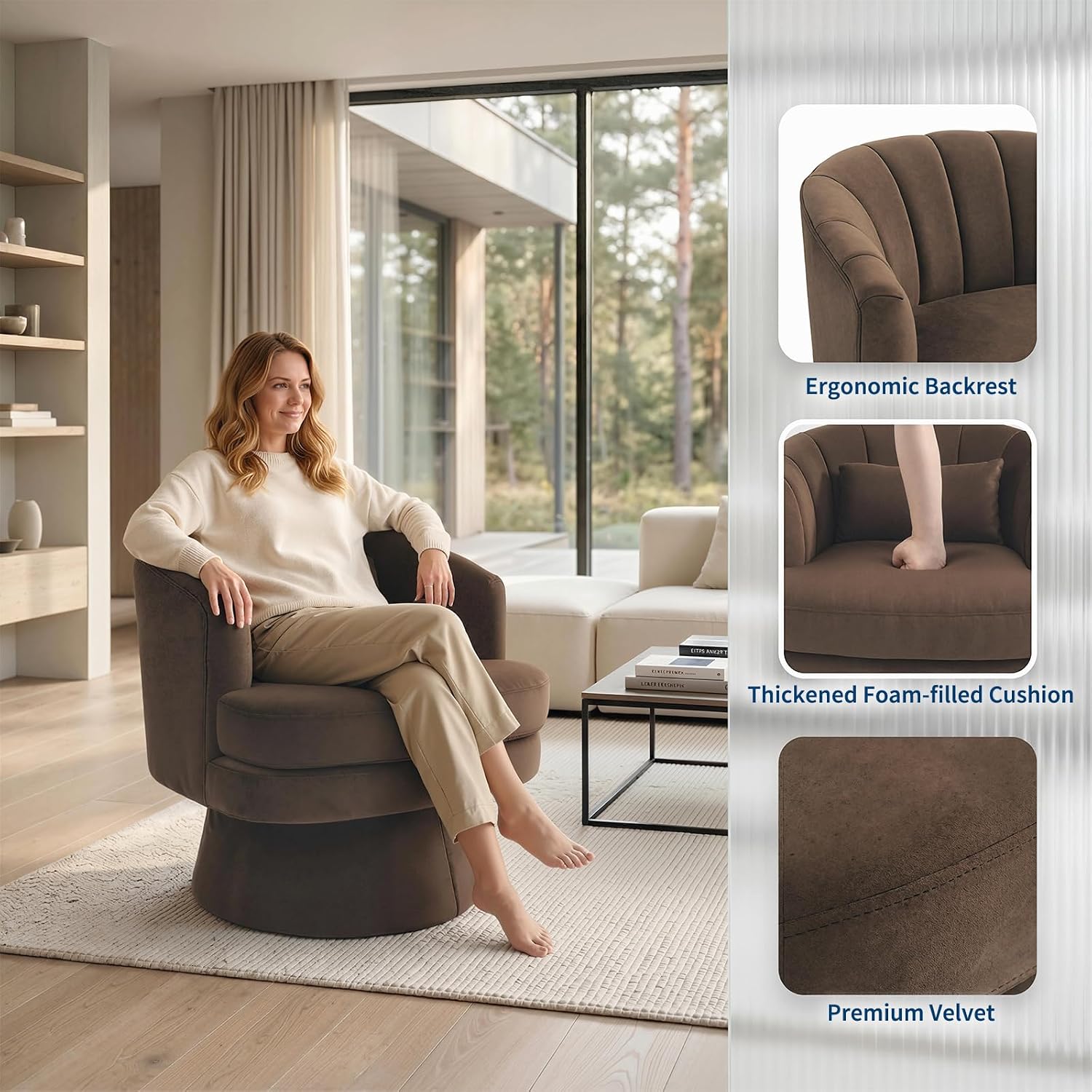 Garvee 360° Swivel Barrel Accent Chair with Lumbar Pillow, Soft Upholstered Single Armchair, Round Base for Living Room/Bedroom/Vanity - With lumbar pillow | velvet | coffee color