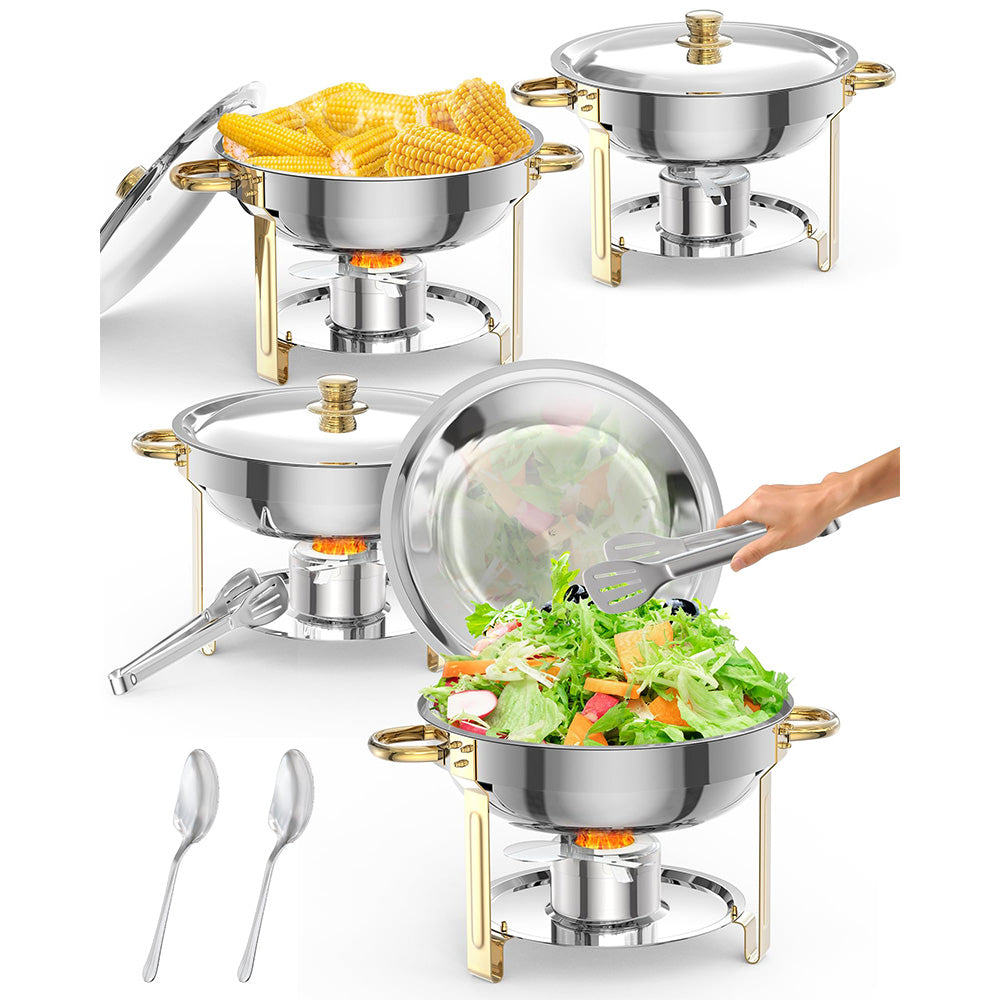 Garvee Chafing Dish for Buffet 4 Pack, 5QT Round Chafing Dishes Buffet Set w/Lid Holder, Stainless Steel Chafers and Food Warmers with Spoon and Tweezers for Parties, Weddings, Events, Banquet, Gold