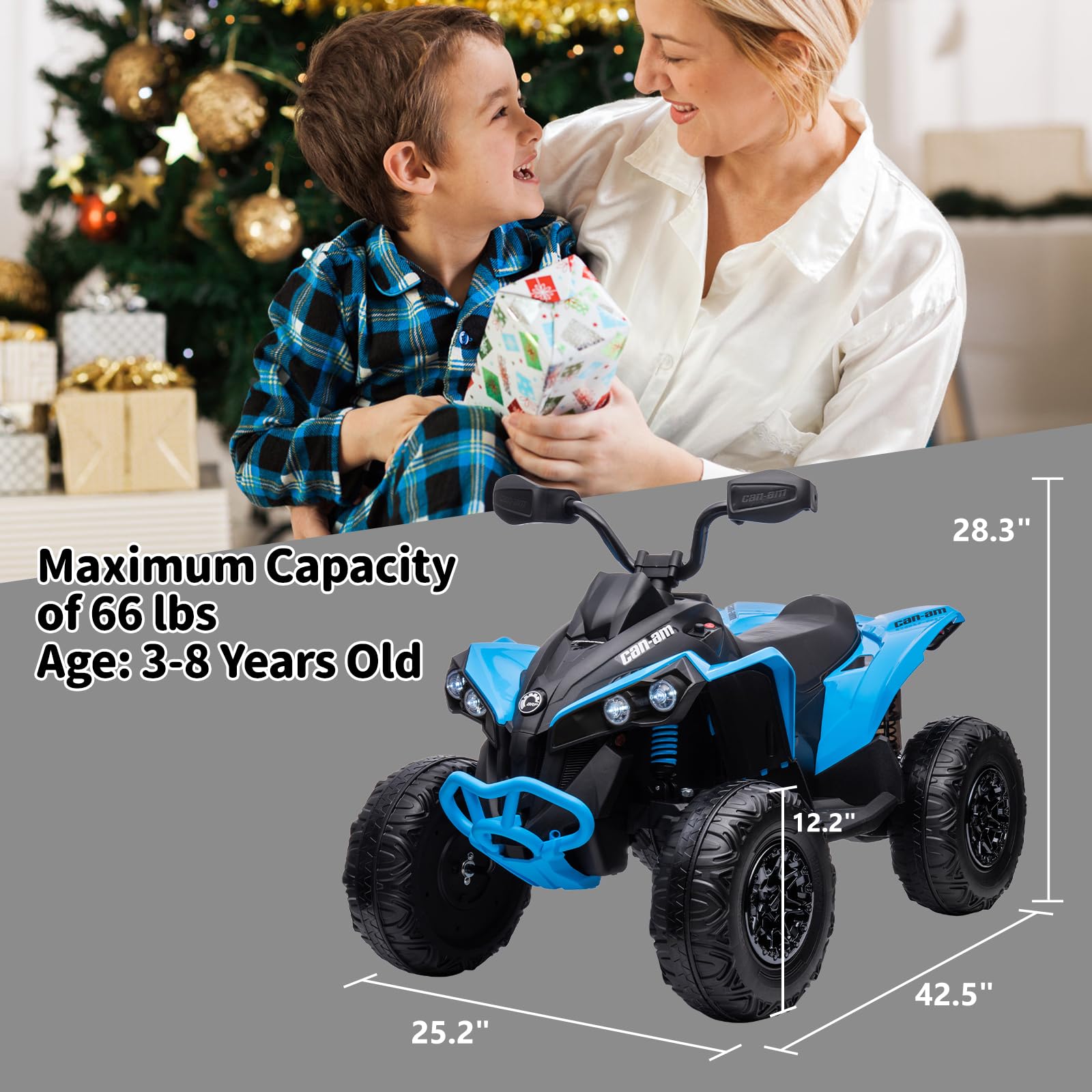Kids ATV, 12V Ride on Toy Car Bombardier Licensed BRP Can-am 4 Wheeler Quad Electric Vehicle, w/LED Lights, Spring Suspension, Bluetooth, Music, USB, Treaded Tires, White