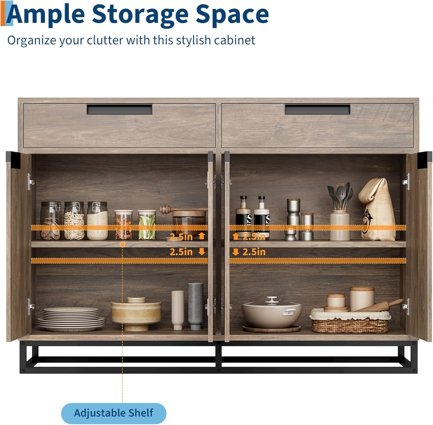 Garvee 55" Modern Wood Sideboard Buffet Cabinet with 4 Doors and Adjustable Shelves for Kitchen, Light Brown