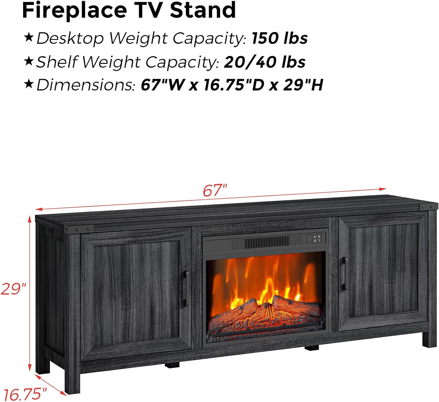 Electric Fireplace TV Stand for TVs up to 65 Inch, Entertainment Center with 23 Inch Electric Fireplace Remote Control, TV Console Cabinet with Open Storage Shelves for Living Room, Black