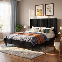 Garvee Velvet Upholstered Platform Bed Frame with 52" Tall Wingback Vertical Channel-Tufted Headboard, Wood Slat Support, Underbed Storage, No Box Spring Needed, Easy Assembly, Padded Backrest - Queen, Black