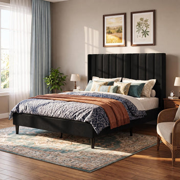 Garvee Velvet Upholstered Platform Bed Frame with 52" Tall Wingback Vertical Channel-Tufted Headboard, Wood Slat Support, Underbed Storage, No Box Spring Needed, Easy Assembly - Full, Black