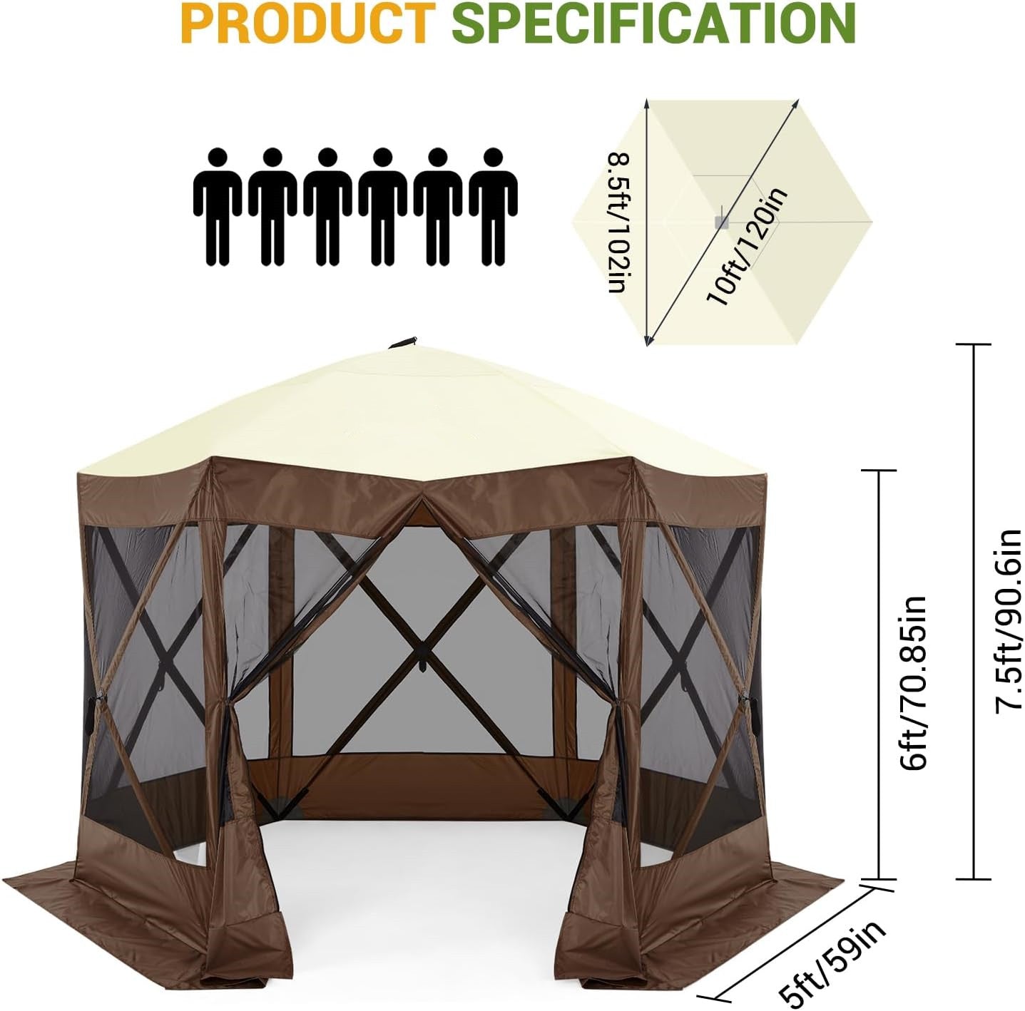 Garvee 10x10ft Portable Pop-Up Camping Gazebo - 6-Sided Canopy Screen Tent with Mesh Windows & Carry Bag for Outdoor, Picnic, Backyard Party, Brown
