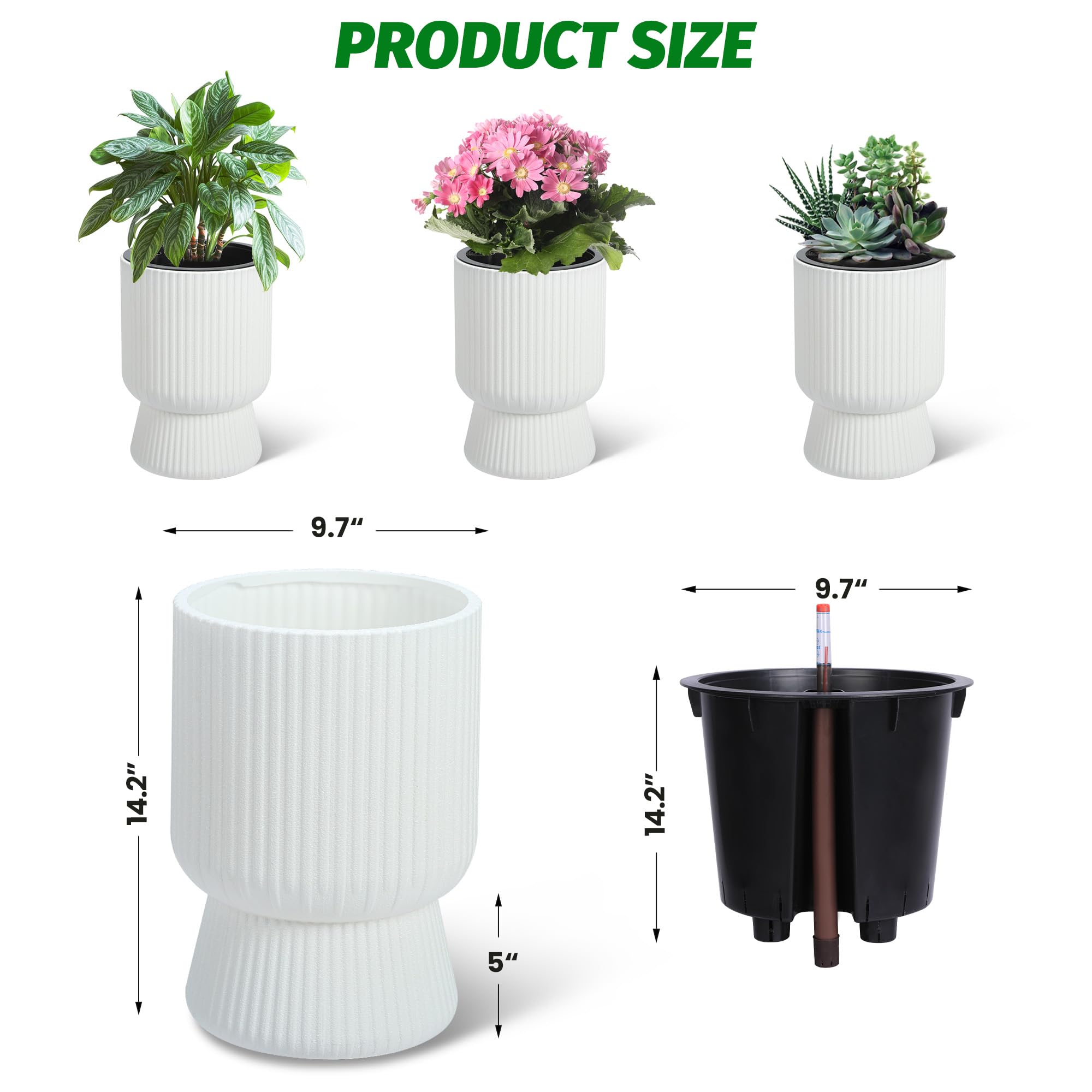 Garvee 14 Inch Plant Pots, Self Watering Planters Set of 2 with Drainage Holes, Tall Planters for Indoor Plants, Flower Pots with Water Level Monitor,