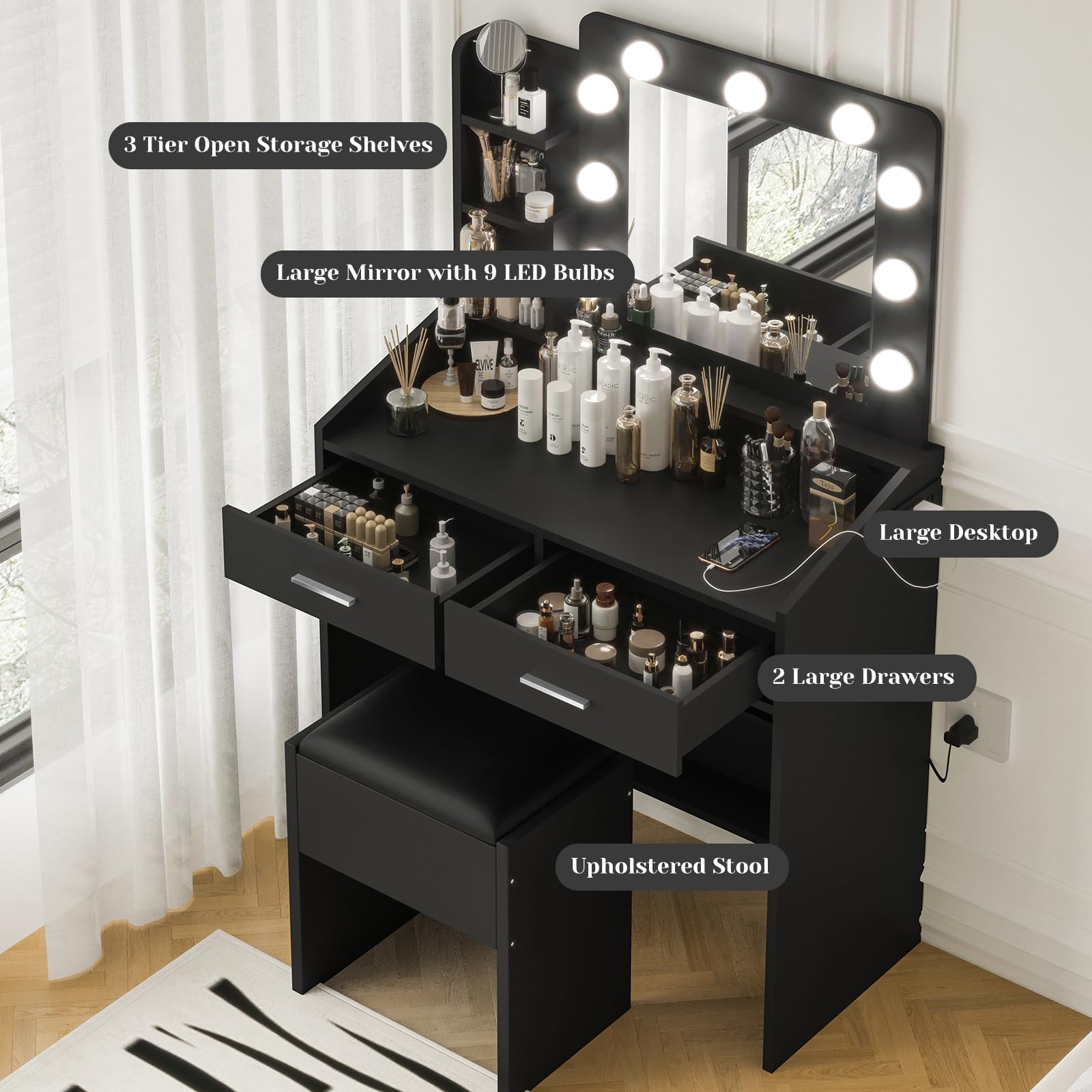 Garvee Vanity Desk with Mirror and Lights, Makeup Vanity with Power Outlet, 3 Lighting Modes Adjustable Brightness, Small Vanity Table Set with 2