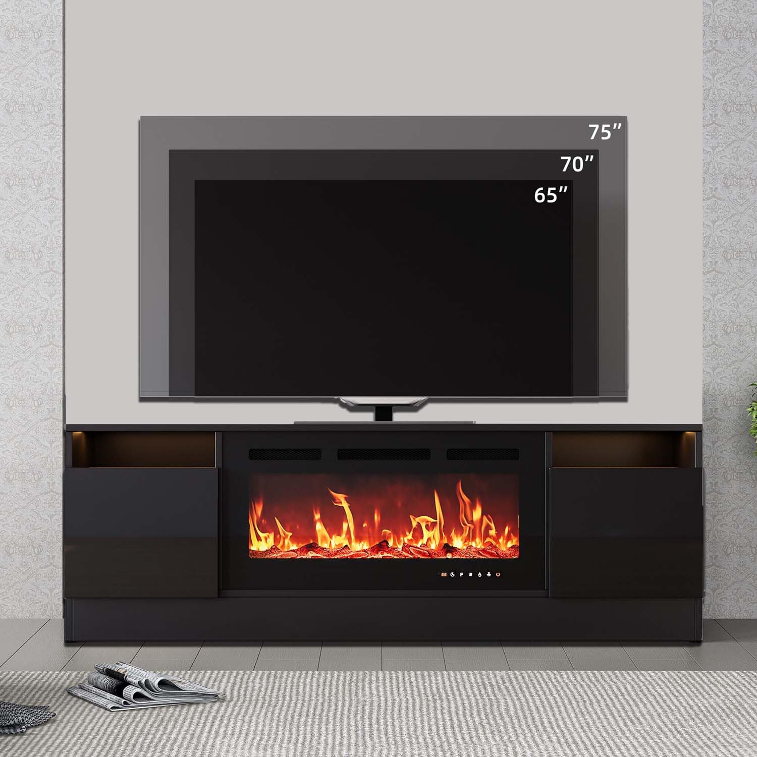 a black electric fireplace with a modern design and space for different TV sizes