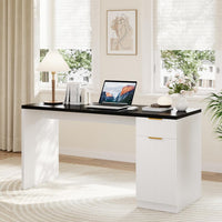 Garvee Executive Desk with Drawer and Power Outlet, 61" Large Farmhouse Computer Desk Home Office Wood Executive Desk with Adjustable Shelf for Work Study Writing,White and Black