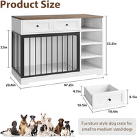Garvee 47" Dog Crate Furniture Indoor with 2 Drawers & 4 Shelves, Large Dogs Kennel Furniture TV Stand, Wooden Dog Cage for Large Medium Dogs, White & Brown Top